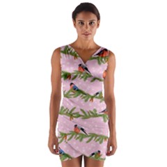 Bullfinches Sit On Branches On A Pink Background Wrap Front Bodycon Dress by SychEva