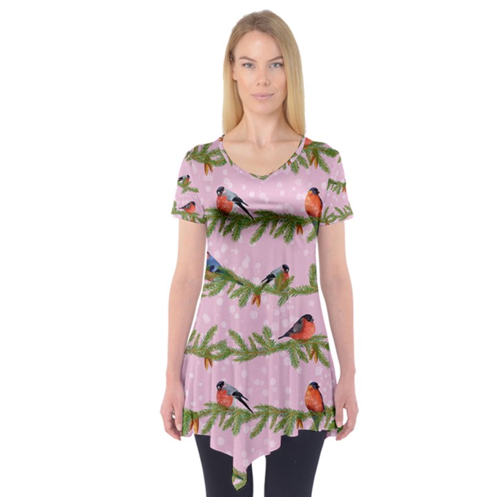 Bullfinches Sit On Branches On A Pink Background Short Sleeve Tunic 