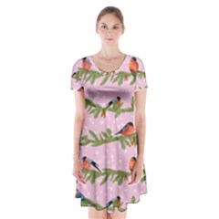 Bullfinches Sit On Branches On A Pink Background Short Sleeve V-neck Flare Dress by SychEva