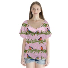 Bullfinches Sit On Branches On A Pink Background V-neck Flutter Sleeve Top by SychEva