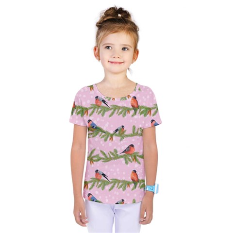 Bullfinches Sit On Branches On A Pink Background Kids  One Piece Tee by SychEva