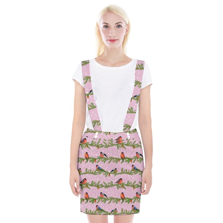 Bullfinches Sit On Branches On A Pink Background Braces Suspender Skirt