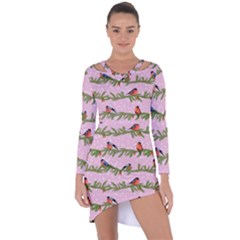 Bullfinches Sit On Branches On A Pink Background Asymmetric Cut-out Shift Dress by SychEva