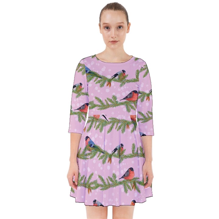 Bullfinches Sit On Branches On A Pink Background Smock Dress