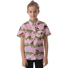 Bullfinches Sit On Branches On A Pink Background Kids  Short Sleeve Shirt