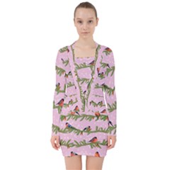 Bullfinches Sit On Branches On A Pink Background V-neck Bodycon Long Sleeve Dress by SychEva