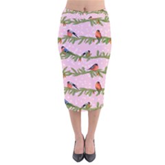 Bullfinches Sit On Branches On A Pink Background Velvet Midi Pencil Skirt by SychEva