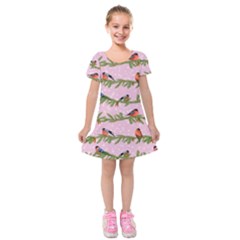 Bullfinches Sit On Branches On A Pink Background Kids  Short Sleeve Velvet Dress by SychEva