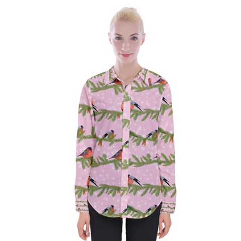 Bullfinches Sit On Branches On A Pink Background Womens Long Sleeve Shirt by SychEva