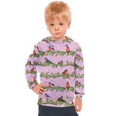 Bullfinches Sit On Branches On A Pink Background Kids  Hooded Pullover by SychEva