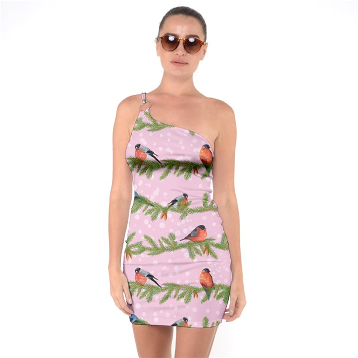 Bullfinches Sit On Branches On A Pink Background One Soulder Bodycon Dress