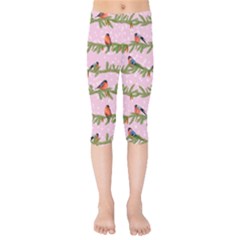 Bullfinches Sit On Branches On A Pink Background Kids  Capri Leggings  by SychEva