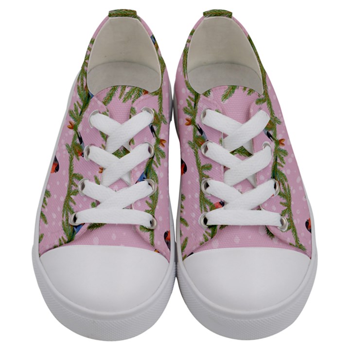 Bullfinches Sit On Branches On A Pink Background Kids  Low Top Canvas Sneakers