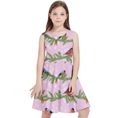 Bullfinches Sit On Branches On A Pink Background Kids  Skater Dress by SychEva