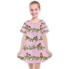 Bullfinches Sit On Branches On A Pink Background Kids  Smock Dress by SychEva