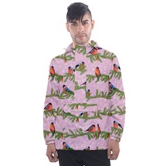 Bullfinches Sit On Branches On A Pink Background Men s Front Pocket Pullover Windbreaker by SychEva