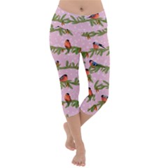 Bullfinches Sit On Branches On A Pink Background Lightweight Velour Capri Yoga Leggings by SychEva