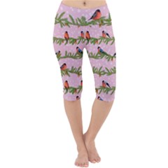 Bullfinches Sit On Branches On A Pink Background Lightweight Velour Cropped Yoga Leggings by SychEva