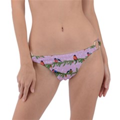 Bullfinches Sit On Branches On A Pink Background Ring Detail Bikini Bottom by SychEva