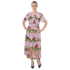 Bullfinches Sit On Branches On A Pink Background Front Wrap High Low Dress by SychEva