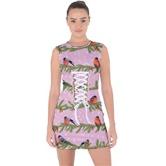 Bullfinches Sit On Branches On A Pink Background Lace Up Front Bodycon Dress by SychEva