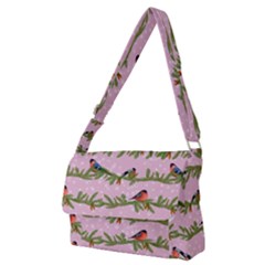 Bullfinches Sit On Branches On A Pink Background Full Print Messenger Bag (m) by SychEva