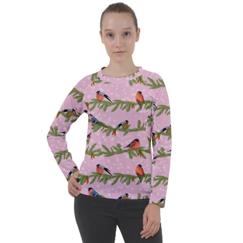 Bullfinches Sit On Branches On A Pink Background Women s Long Sleeve Raglan Tee by SychEva