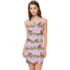 Bullfinches Sit On Branches On A Pink Background Summer Tie Front Dress by SychEva