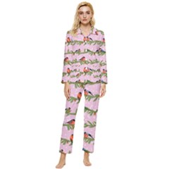 Bullfinches Sit On Branches On A Pink Background Womens  Long Sleeve Pocket Pajamas Set by SychEva