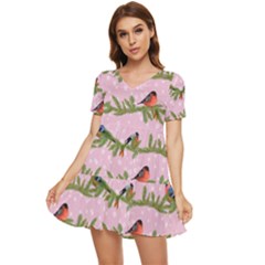 Bullfinches Sit On Branches On A Pink Background Tiered Short Sleeve Mini Dress