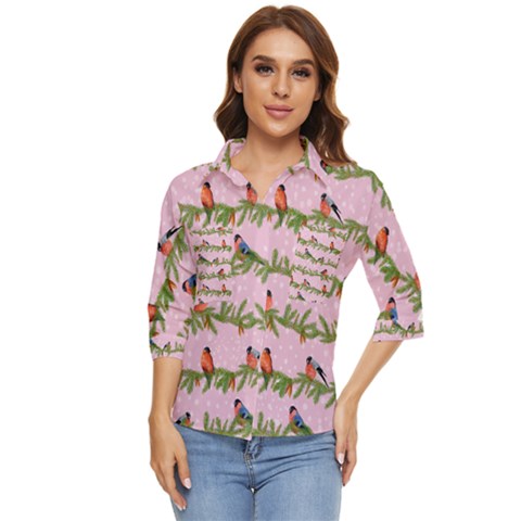 Bullfinches Sit On Branches On A Pink Background Women s Quarter Sleeve Pocket Shirt by SychEva