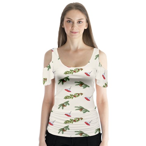 Spruce And Pine Branches Butterfly Sleeve Cutout Tee  by SychEva