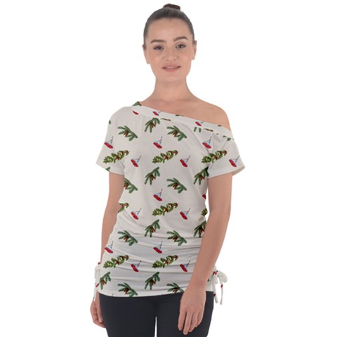 Spruce And Pine Branches Off Shoulder Tie-up Tee by SychEva