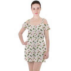 Spruce And Pine Branches Ruffle Cut Out Chiffon Playsuit by SychEva