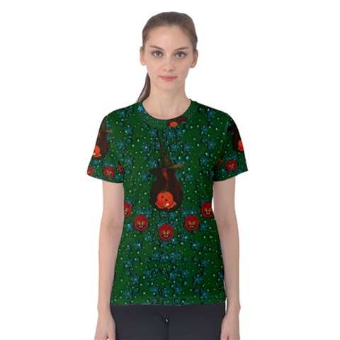 Halloween Pumkin Lady In The Rain Women s Cotton Tee by pepitasart