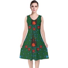 Halloween Pumkin Lady In The Rain V-neck Midi Sleeveless Dress  by pepitasart