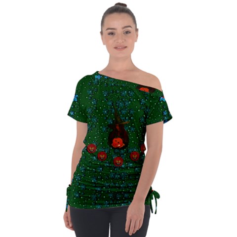 Halloween Pumkin Lady In The Rain Off Shoulder Tie-up Tee by pepitasart