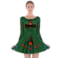 Halloween Pumkin Lady In The Rain Long Sleeve Skater Dress by pepitasart