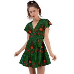 Halloween Pumkin Lady In The Rain Flutter Sleeve Wrap Dress by pepitasart