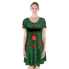 Halloween Pumkin Lady In The Rain Short Sleeve V-neck Flare Dress by pepitasart