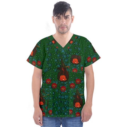 Halloween Pumkin Lady In The Rain Men s V-neck Scrub Top by pepitasart