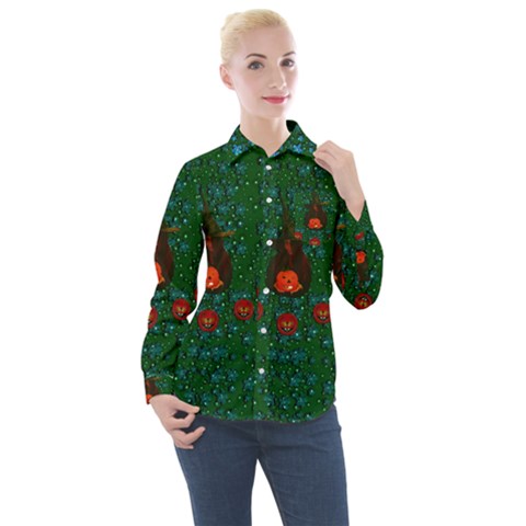 Halloween Pumkin Lady In The Rain Women s Long Sleeve Pocket Shirt by pepitasart