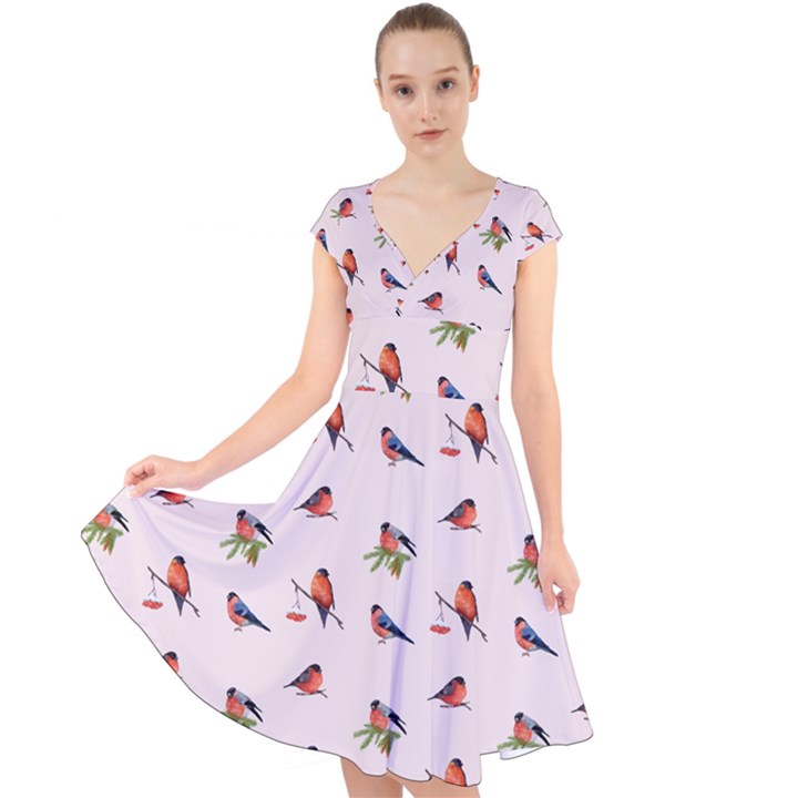 Bullfinches Sit On Branches Cap Sleeve Front Wrap Midi Dress