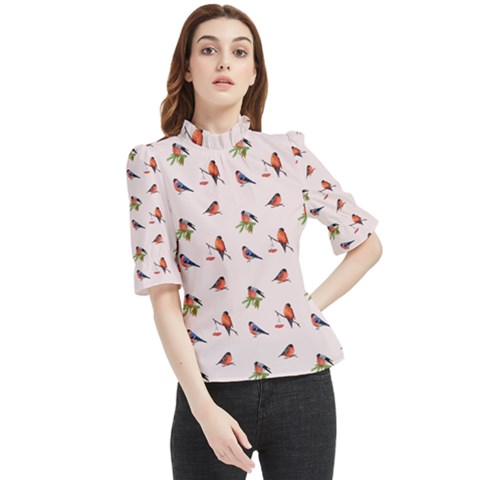 Bullfinches Sit On Branches Frill Neck Blouse by SychEva