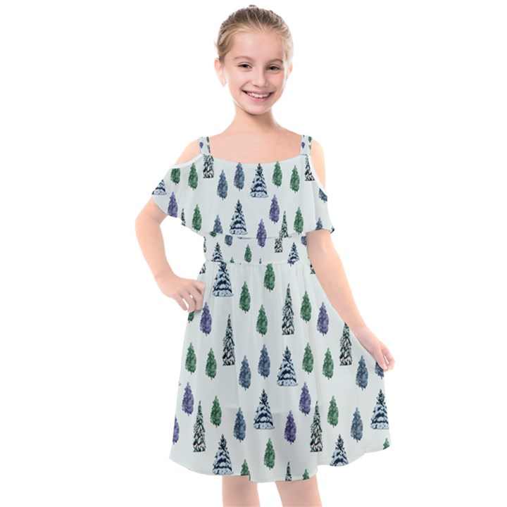 Coniferous Forest Kids  Cut Out Shoulders Chiffon Dress