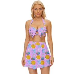 Cartoon Pattern Vintage Style Bikini Top And Skirt Set 