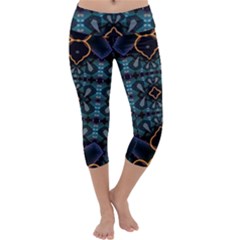 Blue Pattern Capri Yoga Leggings by Dazzleway