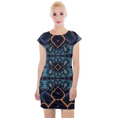 Blue Pattern Cap Sleeve Bodycon Dress