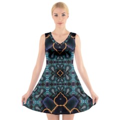 Blue Pattern V-neck Sleeveless Dress