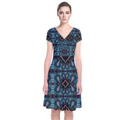 Blue Pattern Short Sleeve Front Wrap Dress by Dazzleway